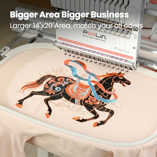 Image of Poolin EOX 15-Needle Commercial Embroidery Machine,20 inch x 14 inch Large Embroidery Area,9 inch Touchscreen with InStitch OS4, Includes Stand and Embroidery Supplies for Small Business