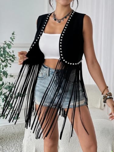HYTENSUN Women's Fringe Vest 60s 70s Hippie Vest Sleeveless Cowgirl Western Faux Suede Tassel Leather Jacket Hippie Party3