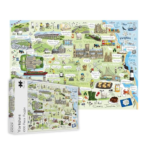 Great British Jigsaws – Yorkshire Map 1000 Piece Jigsaw Puzzles for Adults – Illustrated Country Maps, Eco-Friendly, Perfect for Puzzle Enthusiasts – 69 x 48cm Completed Size