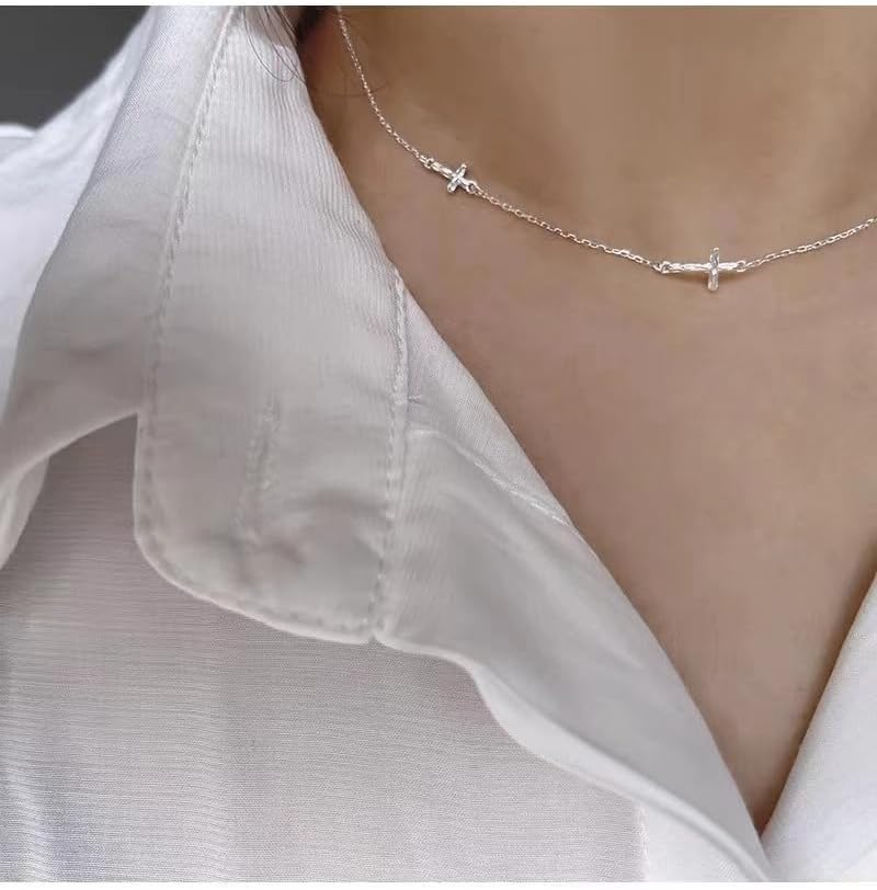 Dainty Cross Necklace for Women, 14K Gold/Platinum Plated 925 Sterling Silver Chain Double Sideways Cross Pendant Layered Necklaces Tiny Jewelry for Women Gift - Image 2