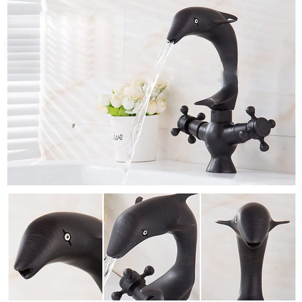 ALYHYB Grifo negro con diseño de delfín de un solo agujero para lavabo de baño caliente y frío retro negro cobre para el cuarto de baño del hotel, balcón, inodoro (tamaño pequeño:
