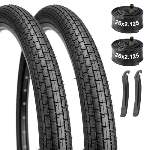 WINFAVO 26x2.125 Cruiser Bike Tires Set: Folding Replacement Tires and Pair 26-inch Inner Tubes for Beach Cruiser and Urban Commuting Bicycle-Black