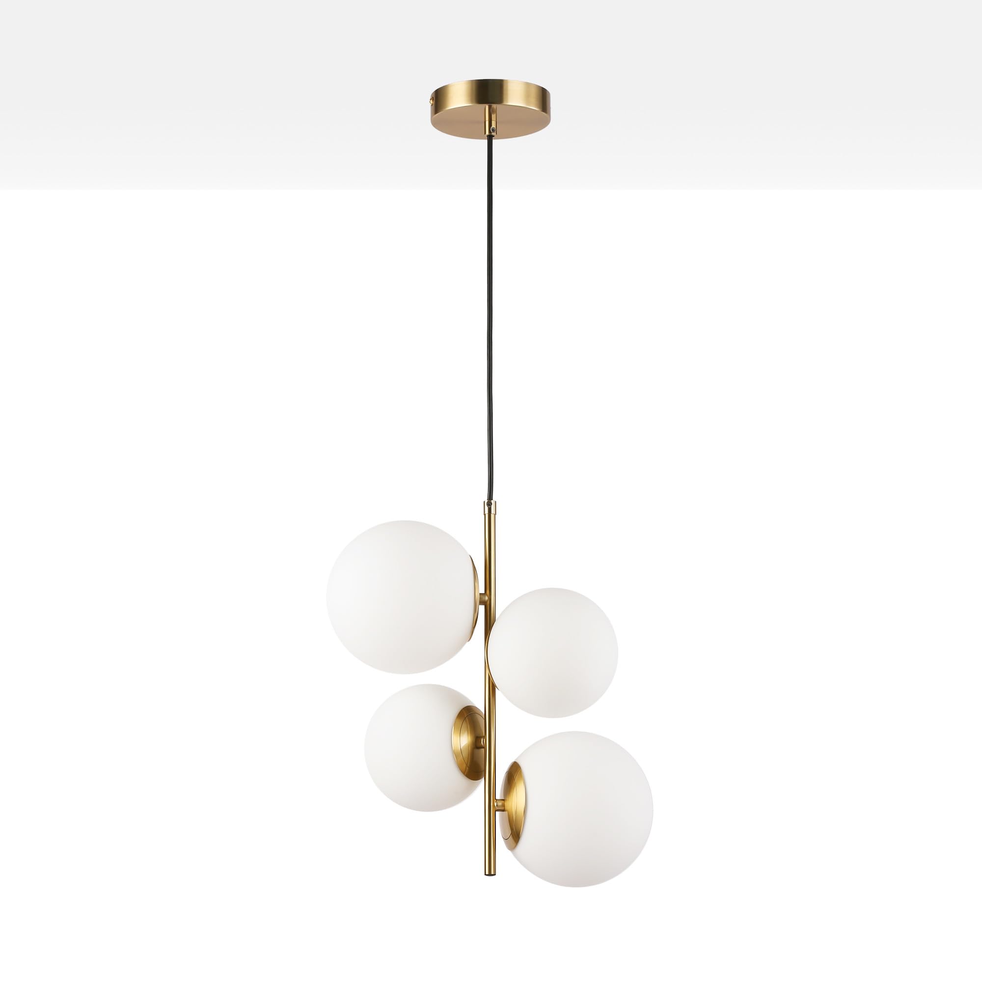 BARCELONA LED Lampadario a Sospensione con 4 Sfere in Vetro Opalino Bianco, Corpo in Metallo Oro/Rame, Moderno e Retrò, Ideale per Camera, Ufficio, Scale, Sala da Pranzo, Caffè, Ingresso