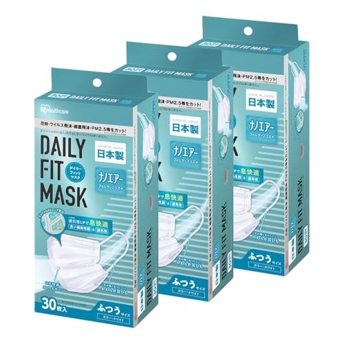 【JIS規格適合】アイリスオーヤマ マスク ホワイト 日本製 不織布 幅17.5㎝ 90枚セット デイリーフィットマスク ナノエアーフィルタープラス PN-DNI30S ふつうサイズのサムネイル