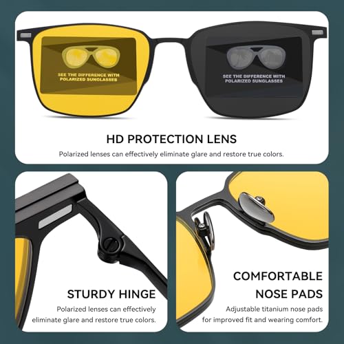 Dollger Magnetic Clip On Polarized Sunglasses for Eyeglasses Men Retro Square Metal Frame Driving Glasses 2 Packs3