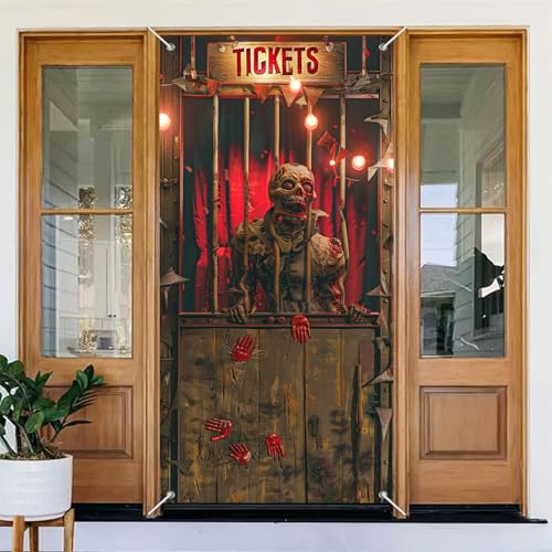 Image of BlissYard Halloween Zombie Booth Door Cover 35x71 Inch Polyester | Entry Banner, Wall Backdrop | Zombie Booth Door Decor, Indoor Party Scene | Porch, Hallway, Photo Area (Night Art)