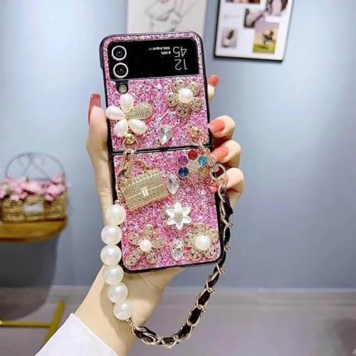 Housse Z Flip 5 bling diamant avec chaîne perle pour soirée chic