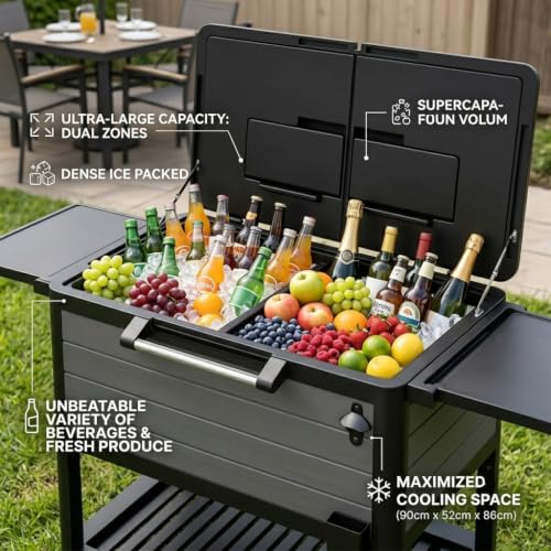 Image of 104 QT Patio Cooler Cart with Wheels, Outdoor Rolling Ice Chest Cooler for Patio, Pool, Deck & Backyard, Portable Beverage Bar Cart with Double Lid, Foldable Side Tables, Bottle Opener & Storage Shelf