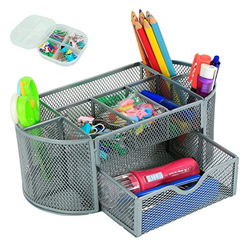 XYTLAX Office Desk Accessories Organizer Set - Including 10 Binder Clips, 20 Push Pins, 25 Paper Clips, and One Multi-functional Caddy Mesh Metalpencil Holder Stationery with 9 Compartments (Silver)