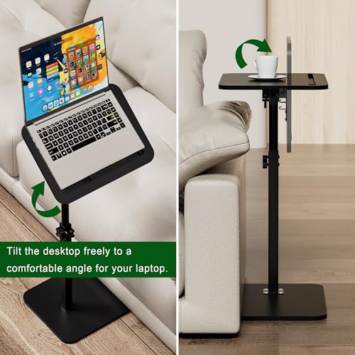 Image of 360 Swivel Sofa Side Table for Couch - Set of 2 - Adjustable Height Laptop Table for Work, TV Trays Table for Snacks Reading fits Bed Chair with Phone & Tablet Slot