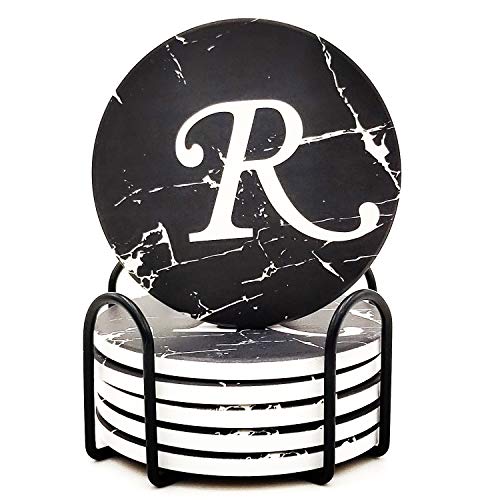 Monogram Coasters For Drinks Absorbent Coaster Set of 6 with Holder Black Marble Style Ceramic Drink Coaster Sets With Cork Base Monogrammed Letter R