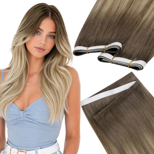 Image of LaaVoo Tape Weft Hair Extensions Balayage Blonde Tape in Extensions Real Human Hair Seamless Weft Tape in Hair Extensions Light Brown to Ash Blonde Mix Platinum Blonde 18inch 50G