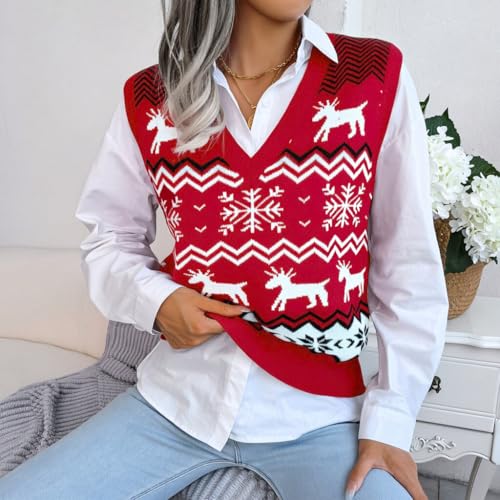 Image of JULYCLO Christmas Sweater Vest Women Ugly Xmas Reindeer Knit Sweaters Casual Santa Snowflake V Neck Sleeveless Outwear Tops