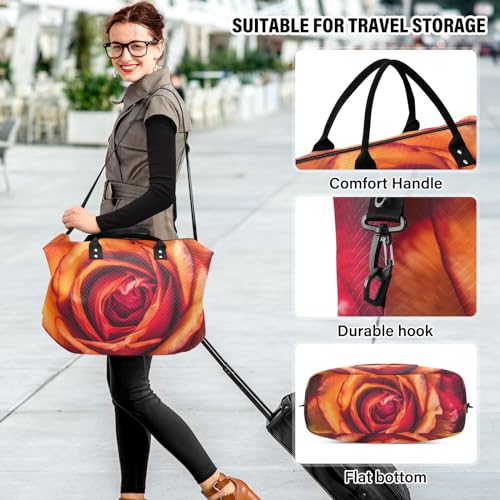 Duffel Bag Set for Travel Gym Sport, Weekender Bag Carry on Overnight Bags for Women Men-Red Close Rose Print4