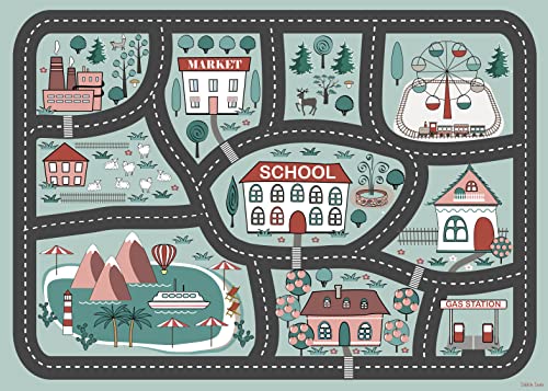 DobleUve Estudio Alfombra Vinílica Infantil 03 | Color Azul | 95x133 cm | Alfombra Infantil Lavable | Alfombra Carretera...