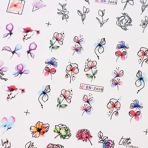 Geometry Line Flower Leaf Nail Art Stickers 12PCS Water Transfer Nail Decals Graffiti Painted Colorful Slider Sticker Floral Pastel Plant Sliders Acrylic Nail Sticker for Women Girls DIY Manicure - Image 4