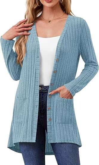 Womens Cardigans Summer Lightweight Ladies Cardigan Long Sleeve Open Front Cardigans Button Down V Neck Ribbed Knit Casaul Sweater Outerwear with Pocket,M-3XL