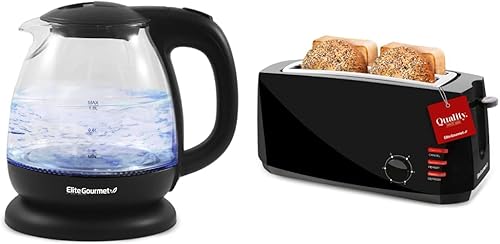 Elite Gourmet EKT1001B - Tetera eléctrica de vidrio sin BPA de 1 litro, inalámbrica de 360, LED azul interior + tostadora de 4 rebanadas ECT4829B#