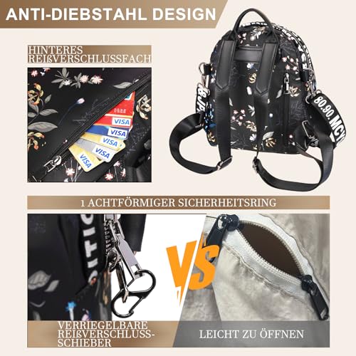 Eshow Rucksack Damen Klein, Kleiner Cityrucksack Tagesrucksack Elegant, 3-in-1 Anti-Diebstahl Rucksacktasche mit RFID Blocker, Clutchbag & Karabiner Modern für Pendeln Schule Arbeit Reise Schwarz