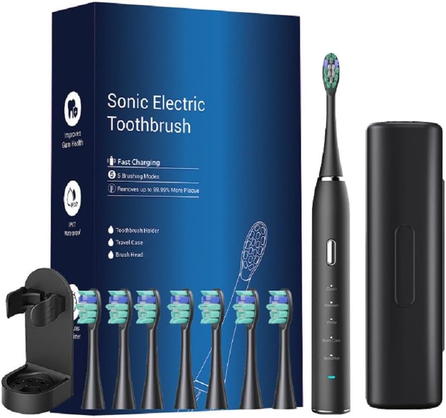 Electric Toothbrush with 8 Brush Heads, 5 Modes, 2 Minute Timer, Rechargeable