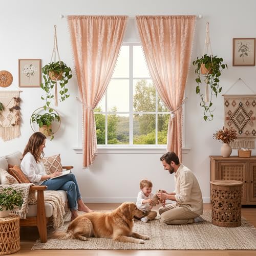 Image of Boho Curtains 63 Inch Long for Living Room, Bedroom, 2 Panels Floral Farmhouse Vintage Tassel Semi Sheer Light Filtering Privacy Window Curtain Drapes with Rod Pocket,Pink