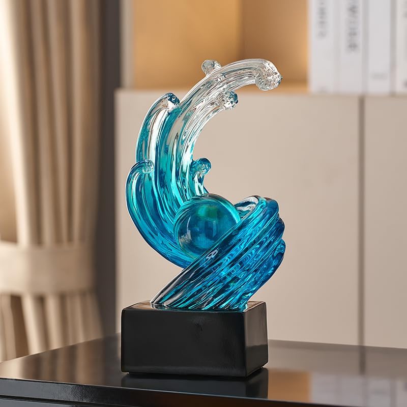 Miniatura 7 de Estatua de onda decorativa abstracta moderna, arte abstracto azul, decoración del hogar, escultura de resina de ola de arte de bola de cristal,