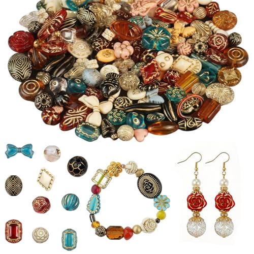 120-160Pcs Cute Assorted Kawaii Aesthetic Beads 100G Vintage Bohemian Acrylic Bead in Bulk Round Oval Butterfly Flower Czech Style Beads Jewelry Making Metal Enlaced Charm DIY CraftDark Colorful