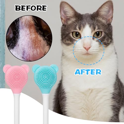 Image of 2Pcs Cat Acne Chin Treatment Silicone Cats Brush Cats Grooming Rubber Brush for Chins Acne & Blackhead Exfoliatio, Cat Chin Scabs(Pink, Blue-Green)
