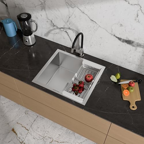 Image of HARDSTONE Premium Stainless Steel Single Bowl Kitchen Sink | Handmade Grade Matt Finish | Heavy Duty 1mm Thickness with Drainer Kit & Vegetable Basket | 21x18x9 Inch Silver Sink for Modern Homes