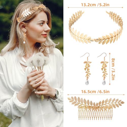 FUKPO Diosa Griega Accesorios, Diadema Griega Mujer Niña Brazalete Dorado Brazo, Corona Laurel Romana Diadema Dorada Hojas Pendientes Fiesta Boda Disfraz Bandeau Cheveux Diademe - imagen 3