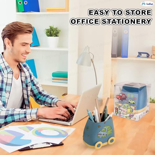 Image of FunBlast Plastic Pen Stand for Study Table, Car Stationary Organizer with Kawaii Stickers, Pen Stand for Kids & Girls, Desk Organizer, Birthday Return Gifts for Kids (Blue)