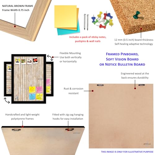 Image of ArtzFolio Cork Board | Bulletin Board Notice Pin Board | Vision Soft Board Combo with Thumb Push Pins & Sticky Notes | Natural Brown Frame | 24 x 36 inch (61 x 91 cms)