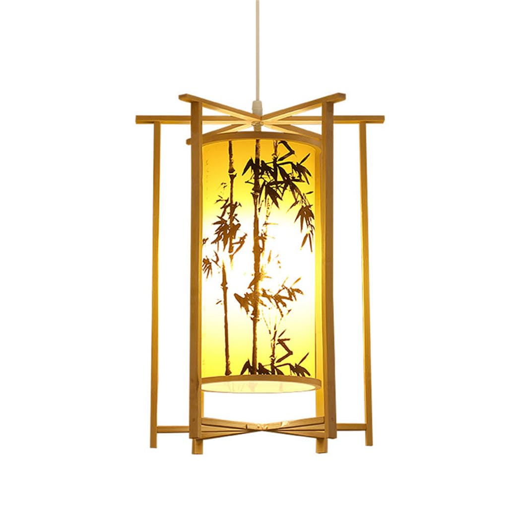 SHUANGZ Boho Nursery Ceiling Chandelier with Pattern Faux Parchment Shade Beige Bamboo Wicker Lantern 2-Layer Design Japanese Farmhouse Pendant Light Fixture for Bedroom Bedside Living Room, E26