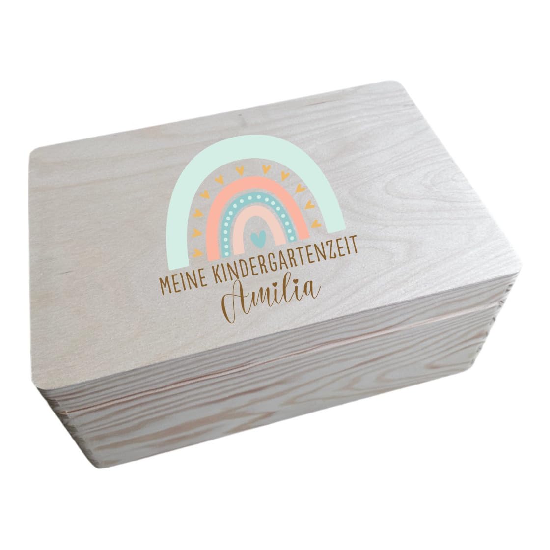 minimutz Erinnerungskiste Kindergarten - Personalisiert mit Name - Erinnerungsbox mit Regenbogen und Gravur - Holzbox mit Deckel L (40 x 30 x 13,5 cm)