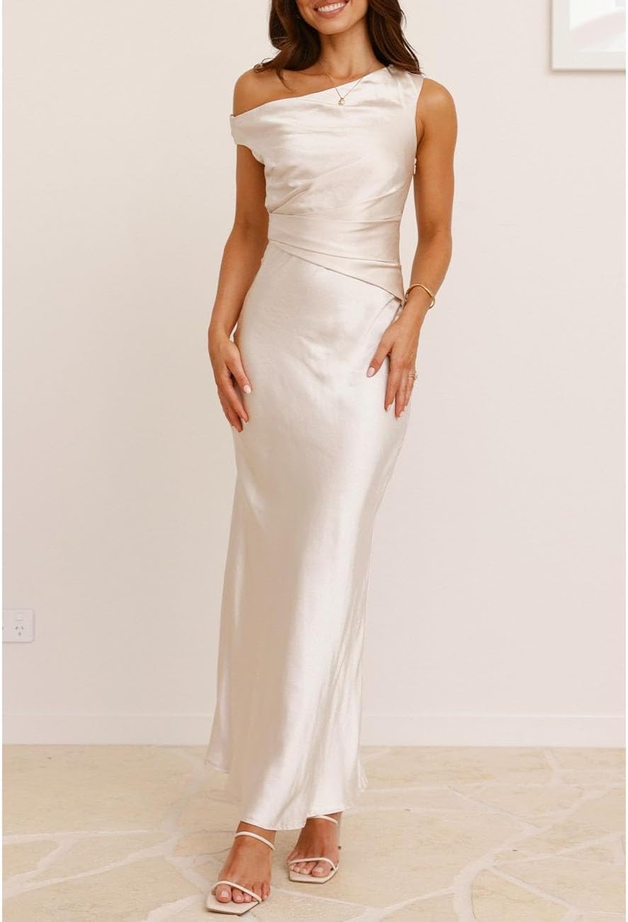 Women's Summer Elegant Satin Off Shoulder Sleeveless Maxi Dress Formal Cocktail Wedding Guest Long Dresses - Image 4