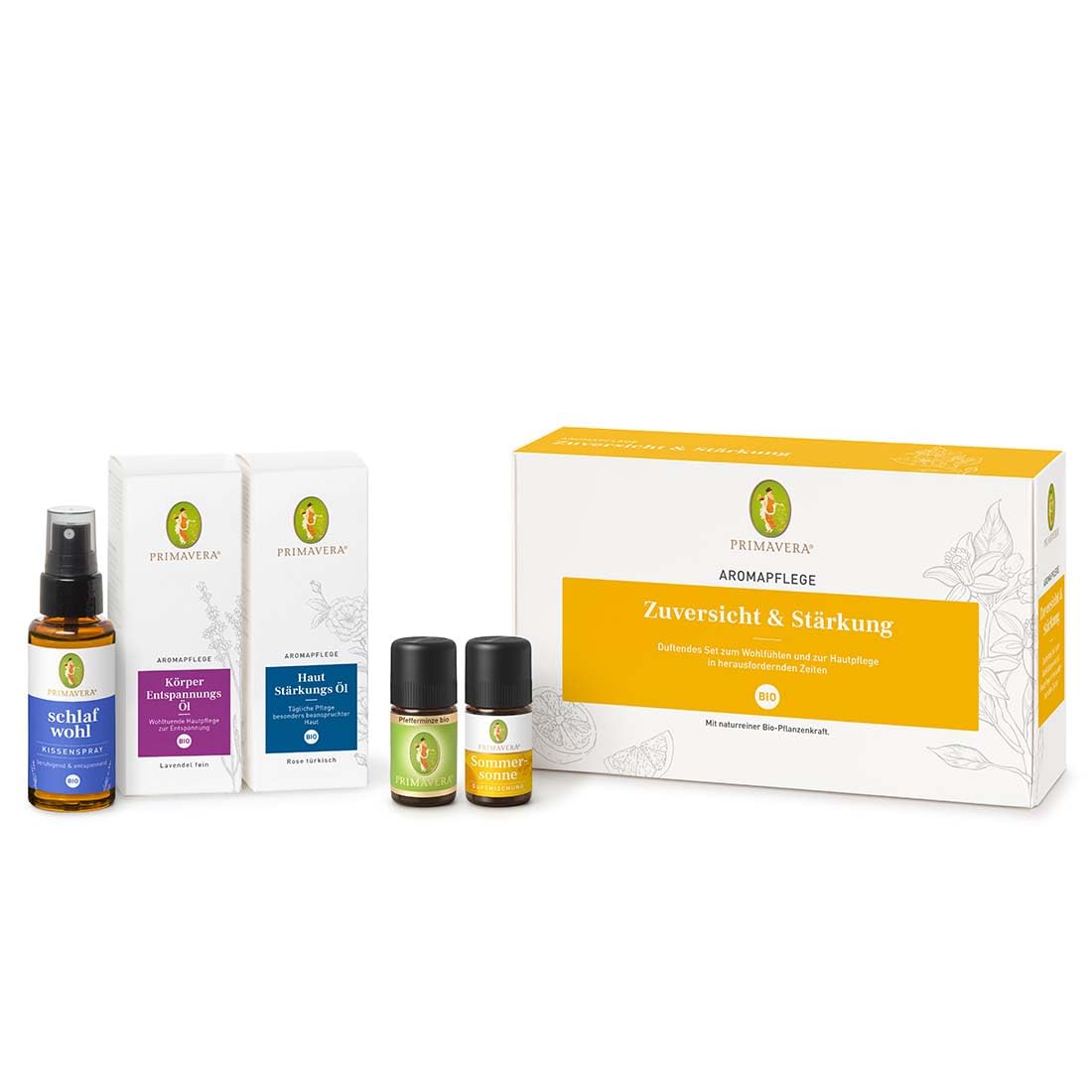 PRIMAVERA Set Aromapflege Zuversicht und Stärkung - bewährte Aromatherapie-Produkte für herausfordernden Zeiten - vegan