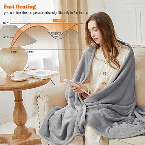 Homemate Electric Heated Blanket Dual Controller King Size 100"X 90" Grey,5 Heating Levels Fast Heating,10 Hours Auto Off, Heat Blanket Over-Heated Protection Double Soft Flannel,Etl Certified #TOP1