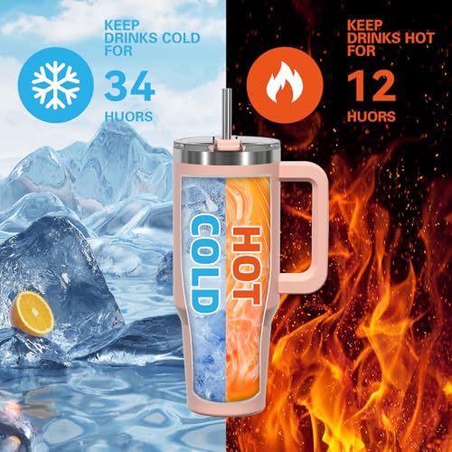 Image of 20 oz Tumbler with Handle,Tumbler with Lid and Straw,Double Wall Insulated Cup Stainless Steel Travel Mug(Cold for 34 Hours),Water Bottle for Iced Tea,Coffee,Cold Beverages(Pink)