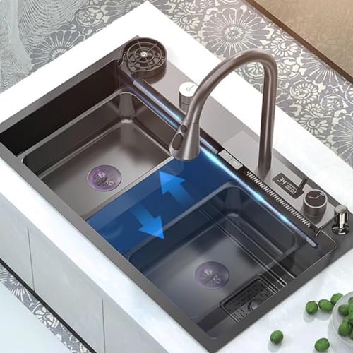Fregadero de Cocina de Acero Inoxidable Nano con Pantalla Digital, Fregadero de estación de Trabajo con Cascada Raindance con Grifo extraíble, lavaplatos presurizado, para lavadero, fregader