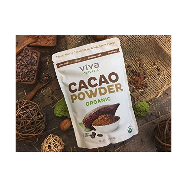 Viva-Naturals-1-Best-Selling-Certified-Organic-Cacao-Powder-from-Superior-Criollo-Beans-1-LB-Bag Viva Naturals Organic Cacao Powder, 1lb - Unsweetened Cacao Powder With Rich Dark Chocolate Flavor, Perfect for Baking & Smoothies, Non-GMO, Certified Vegan & Gluten-Free, 454 g
