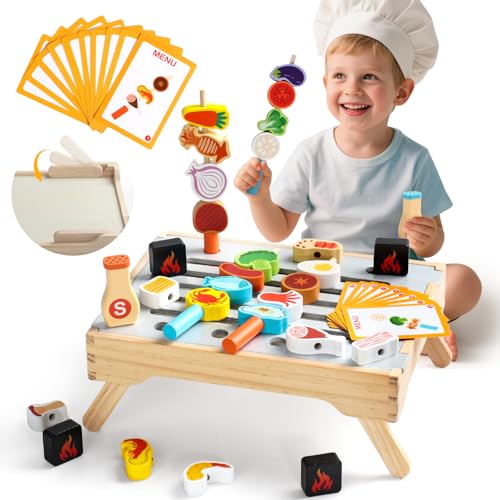 Montessori Juegos Educativos Niños 3 Años, Juguetes Niños 3 4 5 Año, Juguetes Niña 3 Años, Regalo Niño 4 Años, 45 PCS Accesorios Cocina Juguetes para apilar y Encajar de Madera, Juego de rol Chef