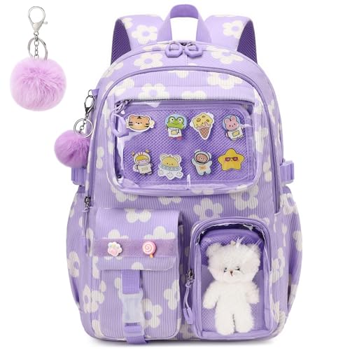 Dafelile Girls Backpack Cute Kawaii Ita Backpacks Aesthetic Bookbag with Furball Pendant Pin Display Insert School Bag for Teen Girls,Corduroy Purple Flower
