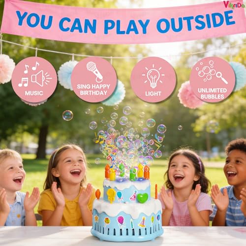 Image of VikriDA Birthday Cake Bubble Machine, Automatic Bubble Blower for Kids 10000+ Bubbles Per Minute with Lights /Music /Solution, Party Cake Bubble Maker Toys for Birthday Outdoor Wedding Multicolor
