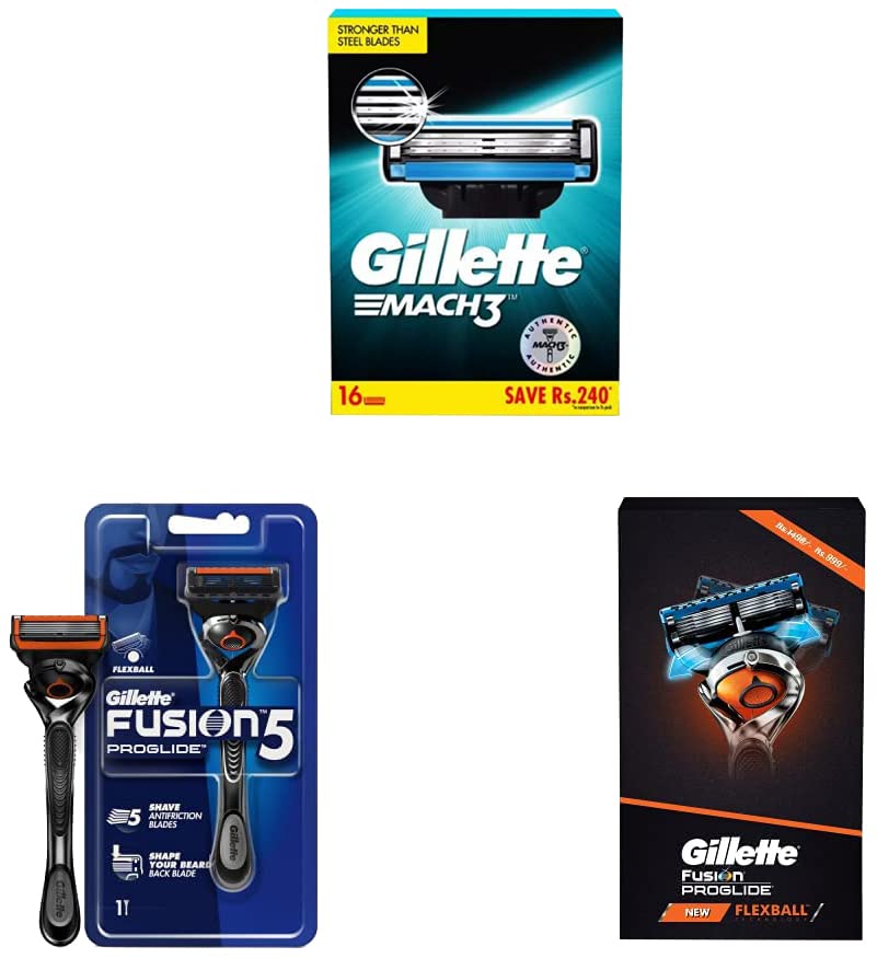 Image of Gillette Mach3 Shaving 3-Bladed Cartridges, 16 Pcs & Fusion Proglide Razor for Men for Perfect Shave and Perfect Beard Shape & Flexball Pro Glide Gift Pack and Flexball Razor with 4 Flexball Cartridge