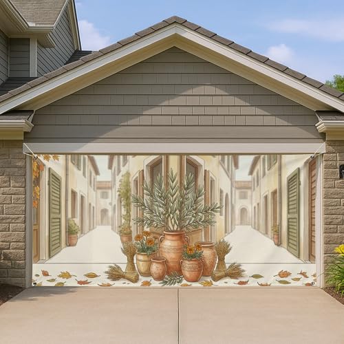 Housse de porte de garage en poterie pour cacher une façade terne en automne