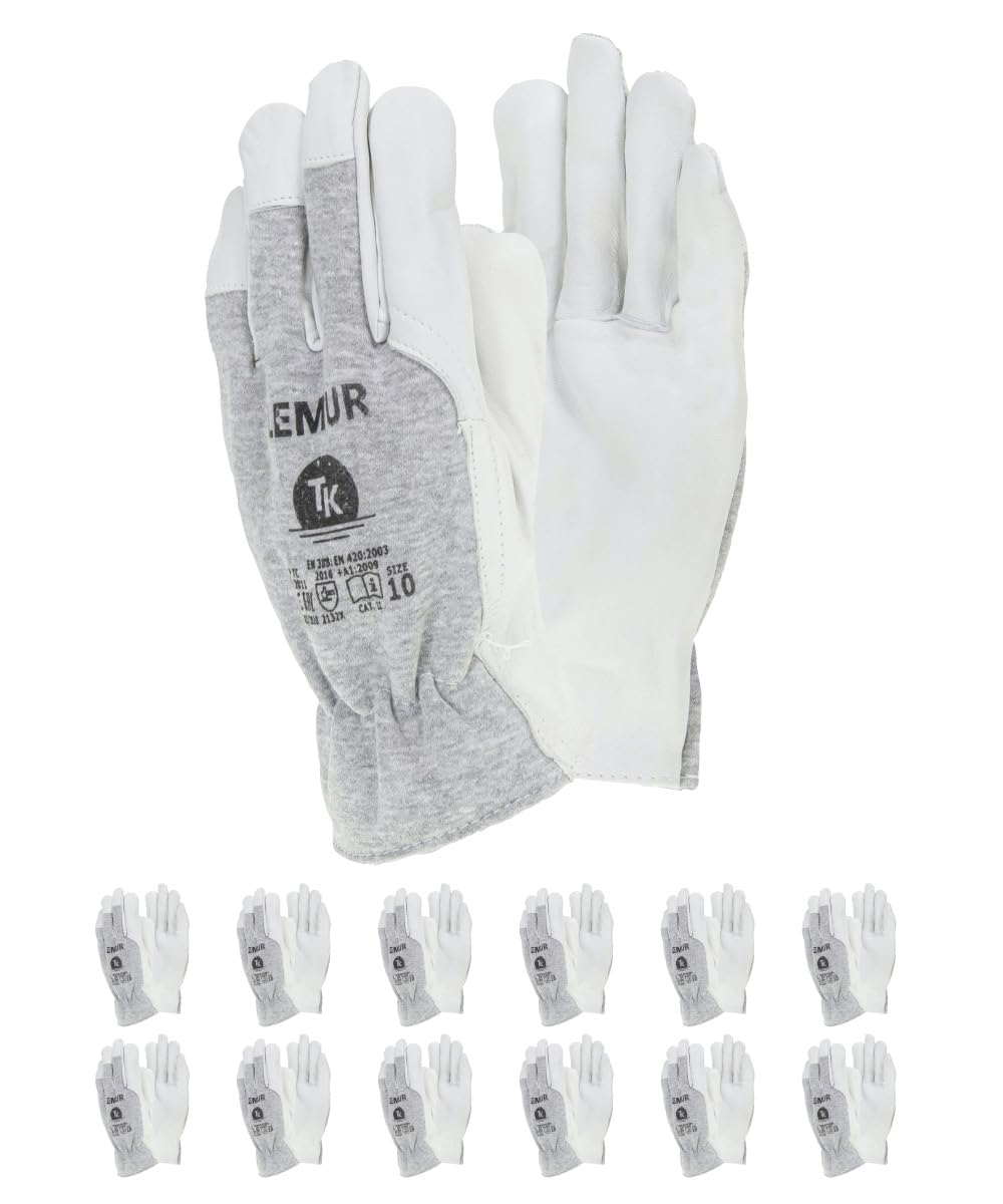 TK Gloves Lemur Leather Work Gloves Assembly Gloves Size 11 12 Pairs/Grain Goatskin Leather Assembly Gloves/Gloves White/Grey