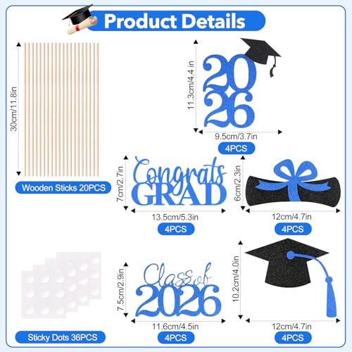 Image of Graduation Decorations 2026, 20 PCS Sparkling Black and Blue Double-Sided Centerpiece Sticks for Tables, Class of 2026 Table Toppers and Party Supplies