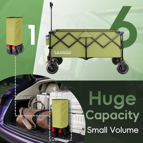 Image of 46 inch L Collapsible Foldable Extended Wagon, 500LB Weight Capacity with 280L Heavy Duty Folding Cart,Utility Wagon with All-Terrain Beach Wheel & Drink Holders,Green