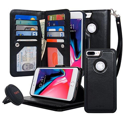 navor Magnetic Detachable Wallet Case and Universal car Mount [RFID Protection][10 Card Slots] [3 Money Pocket] Compatible for iPhone 8 Plus -5.5 Inch [JOOT-3L]- Black (IP8P3LBK)
