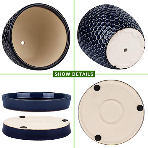 Docrin Blue Honeycomb Ceramic Plant Pot Set - 6.6"+5.5" Inch, Modern Decorative Planters with Drainage Holes & Saucers for Indoor/Outdoor Home Office by Docrin - Used condition - Image 3